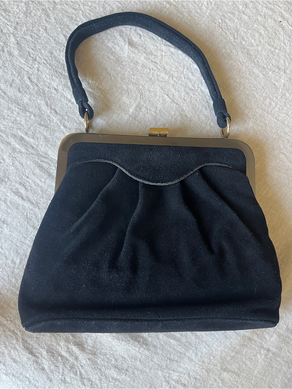 Margolin Classic Mid Century 1950’s Black Suede Metal Frame Evening Handbag-EUC